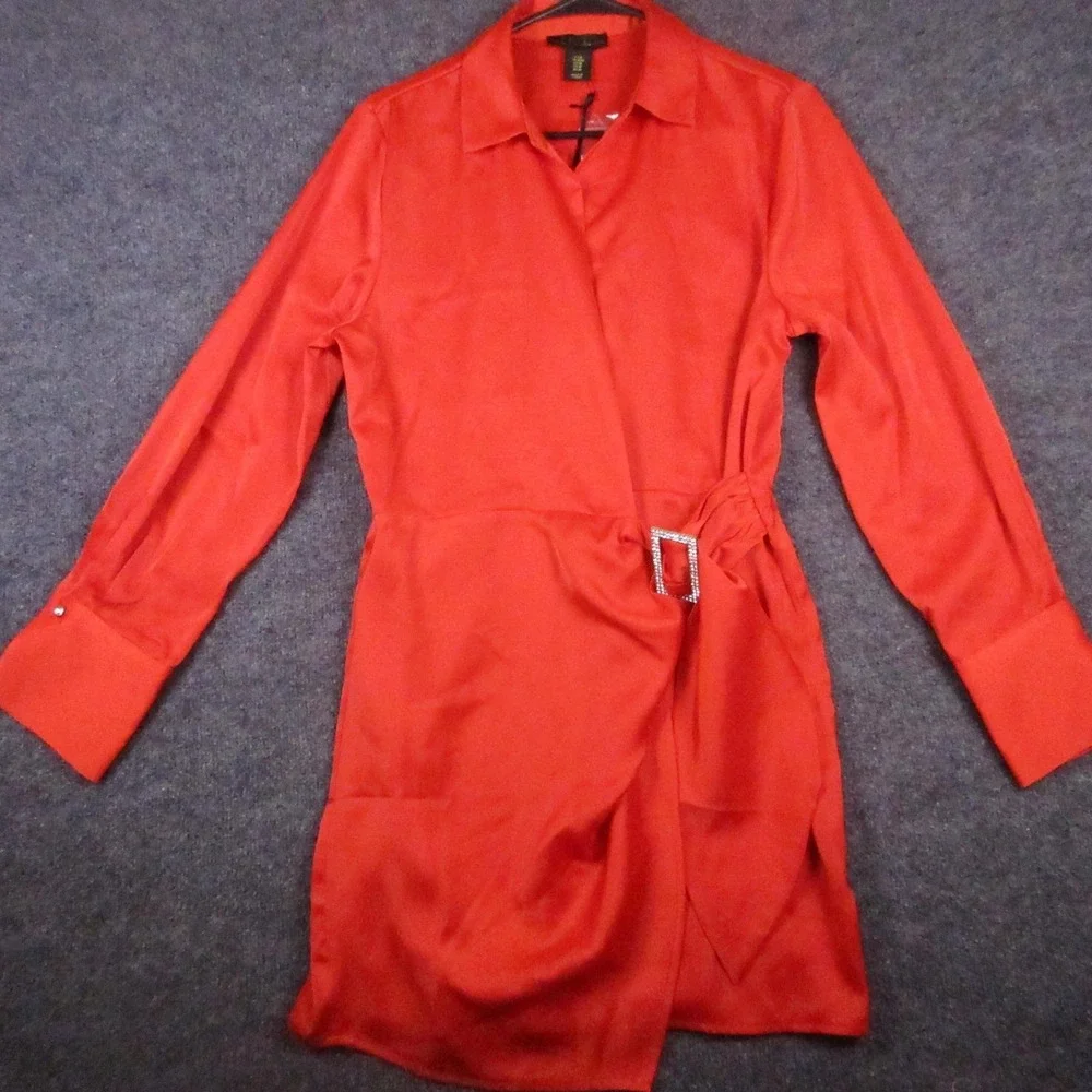 House Of Harlow 1960 Dress Womens Medium Red Satin Wrap Shirt Belted Rhinestone
